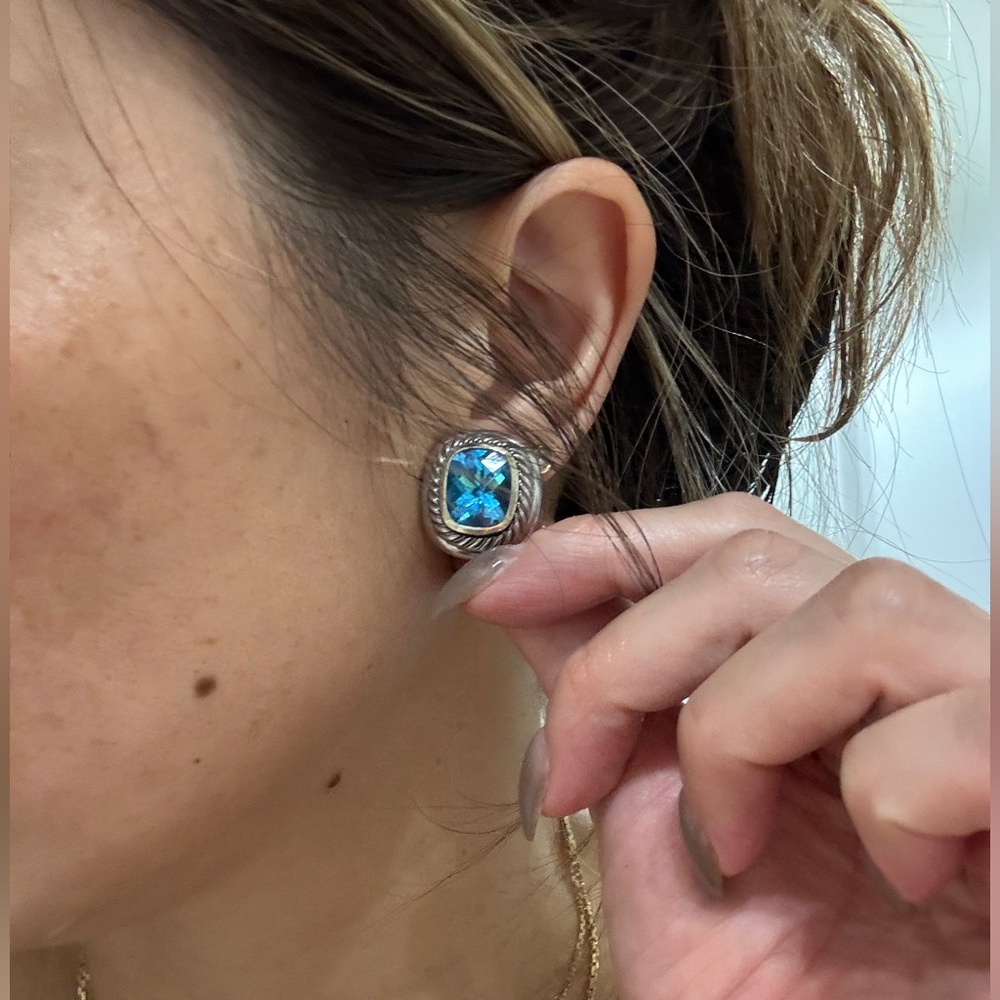 David Yurman Sterling Silver 925 14k Gold Blue Topaz Albion Earrings - Picture 7 of 7